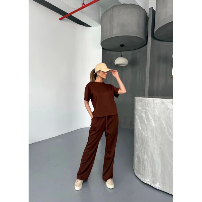 Lucky Life Kadın Yumuşak Dokulu Kumaş Kısa Kollu Bluz Rahat Pantalon Ikili Takım- Kahverengi