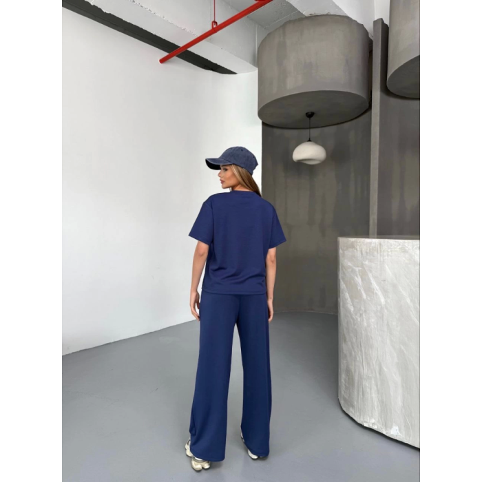Lucky Life Kadın Yumuşak Dokulu Kumaş Kısa Kollu Bluz Rahat Pantalon Ikili Takım- Lacivert