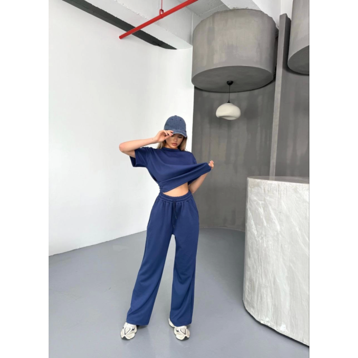 Lucky Life Kadın Yumuşak Dokulu Kumaş Kısa Kollu Bluz Rahat Pantalon Ikili Takım- Lacivert