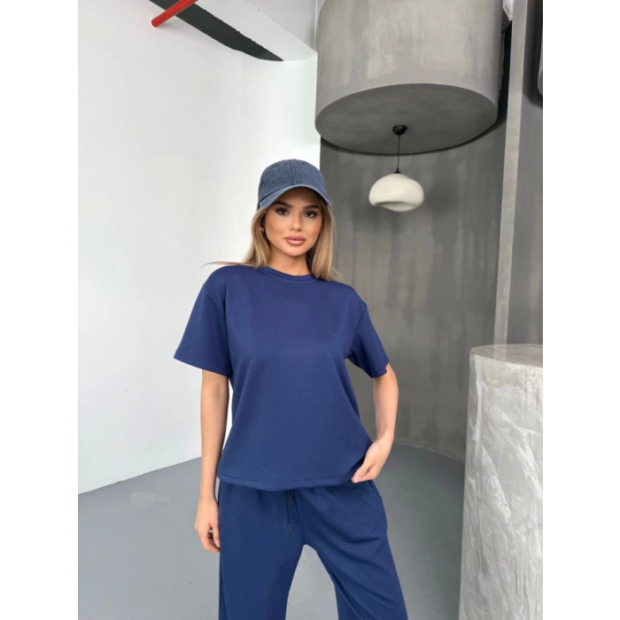 Lucky Life Kadın Yumuşak Dokulu Kumaş Kısa Kollu Bluz Rahat Pantalon Ikili Takım- Lacivert