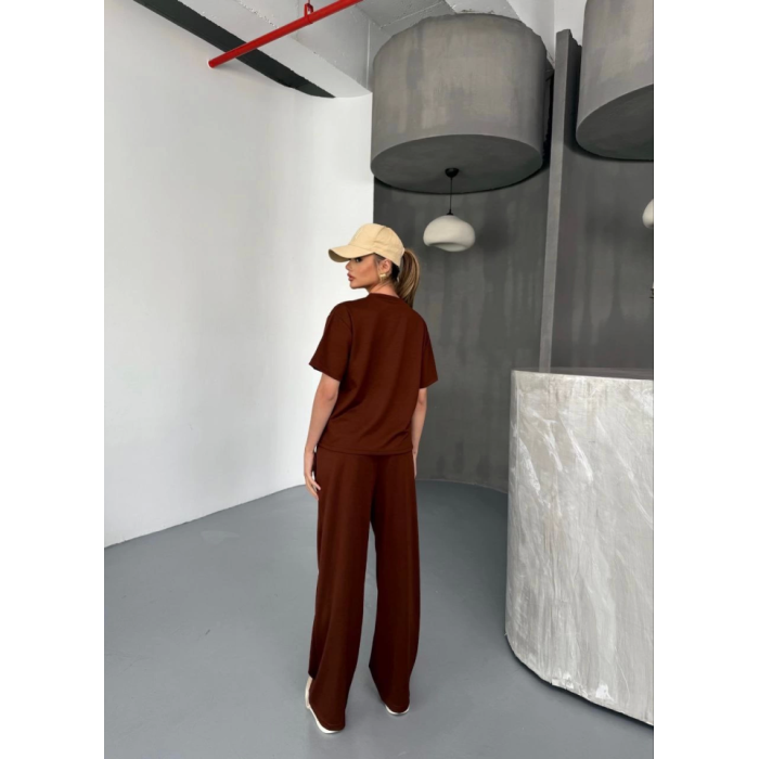 Lucky Life Kadın Yumuşak Dokulu Kumaş   Kısa Kollu Bluz Rahat Pantalon Ikili Takım- Bordo