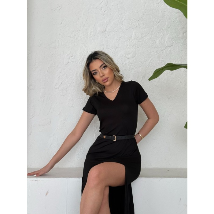 Lucky Life Kadın Kısa Kollu V Yaka Maxi Boy Elbise 124 Cm