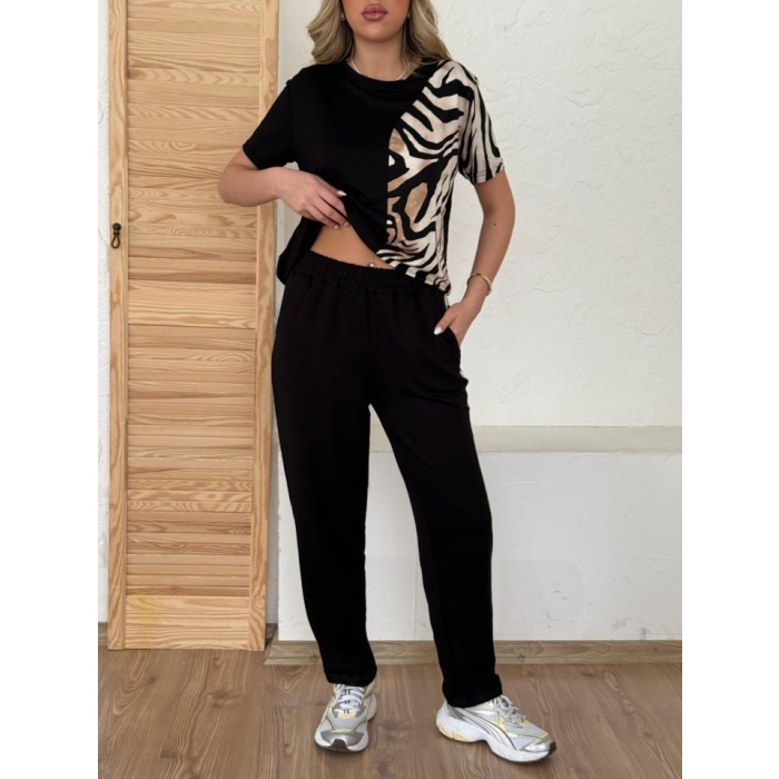 Lucky Life Kadın Bisiklet Yaka Kısa Kol Leopar Desen Bluz Ve Pantolon Ikili Takım