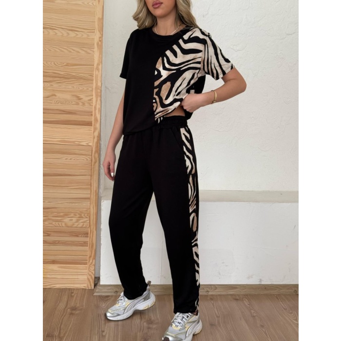 Lucky Life Kadın Bisiklet Yaka Kısa Kol Leopar Desen Bluz Ve Pantolon Ikili Takım