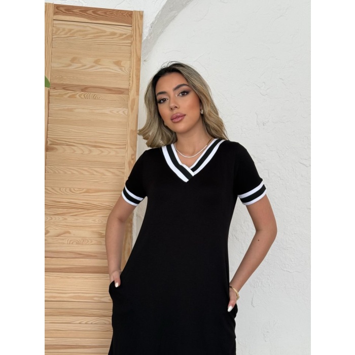 Lucky Life Kadın Kısa Kollu V Yaka Kol Ve Yaka Ribana Detay Midi Boy Viskon Elbise