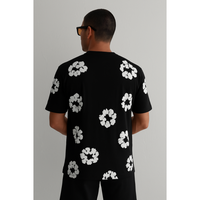 Ön Ve Arka Baskılı Oversize Bisiklet Yaka T-shirt- Siyah