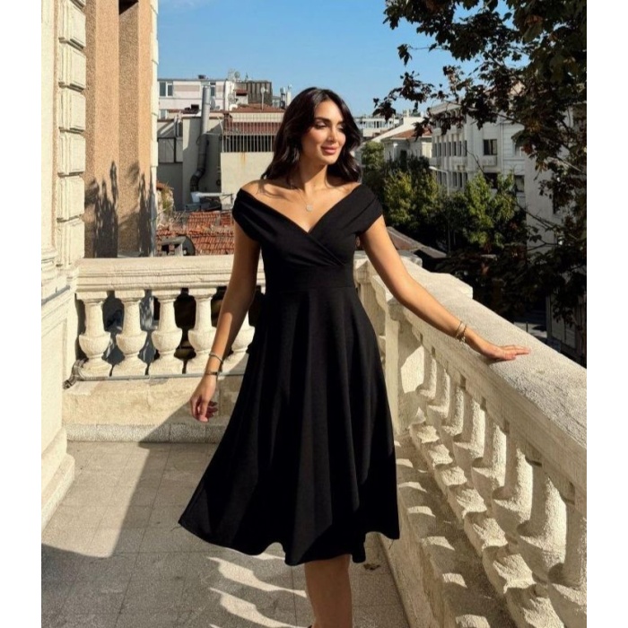 Lucky Life Kadın Kısa Kollu Kruvaze Yaka Eteği Volanlı Krep Elbise