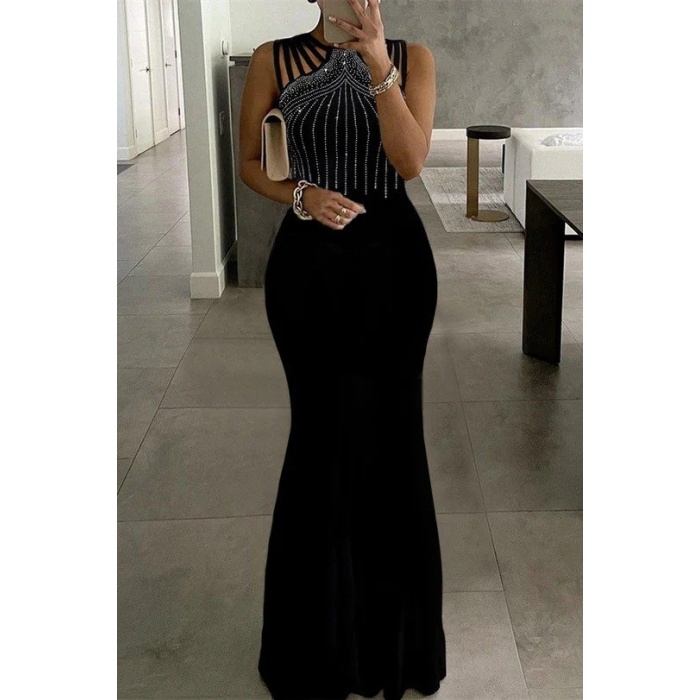 Lucky Life Kadın Omuz çoklu Askılı önü Taş Işlemeli Balık Kesim Janjan Krep Maxi Boy Elbise