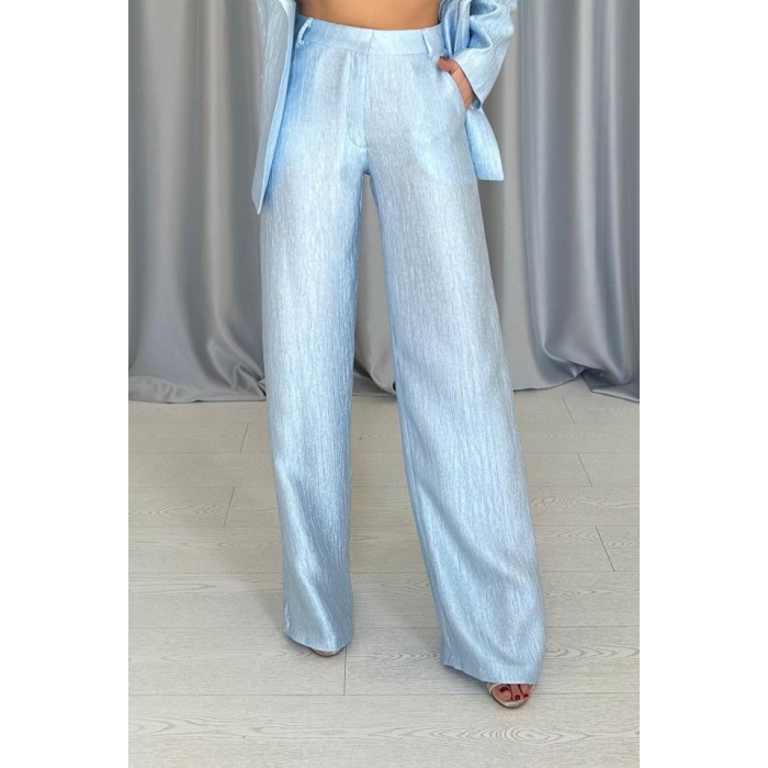 Mavi Beli Kuşaklı Ceket Ve Pantolon Parlak Takım
