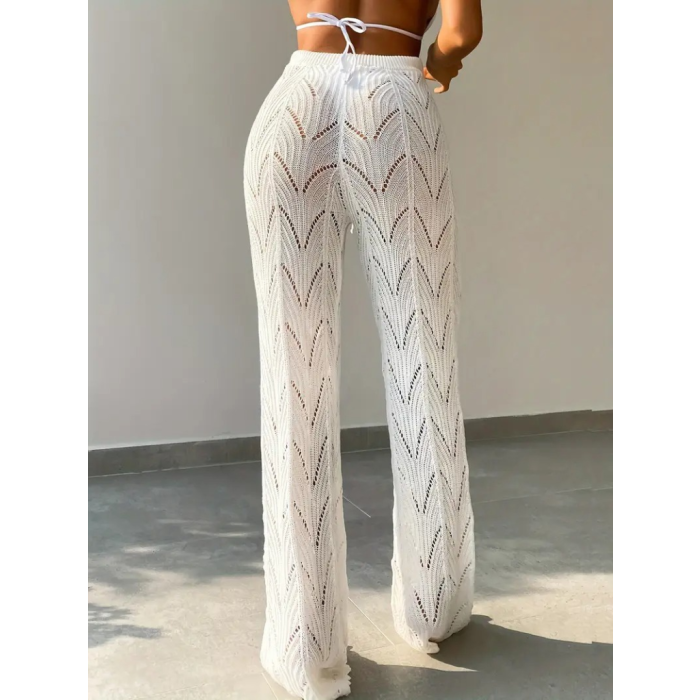 Lucky Life Kadın Yüksek Bel Bağcıklı Desenli Triko Plaj Pantolon