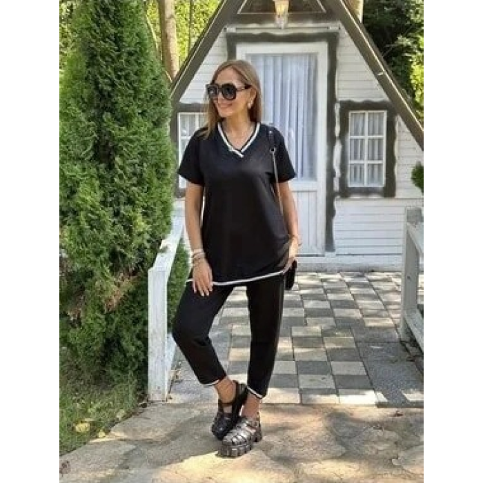Lucky Life Kadın Kısa Kollu V Yakalı Iki Iplik Bluz Ve Pantolon Ikili Takım