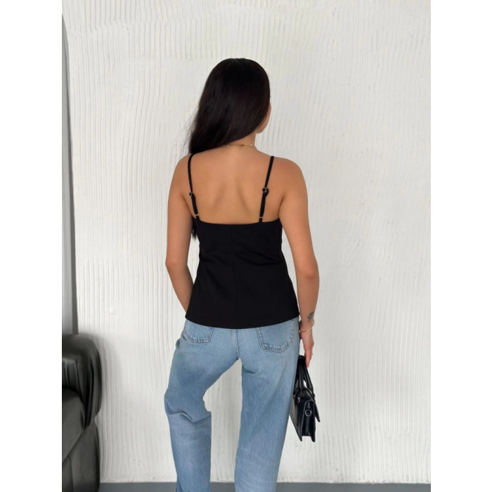 Lucky Life Kadın Dekolte Deraylı Bluz Crop - Siyah