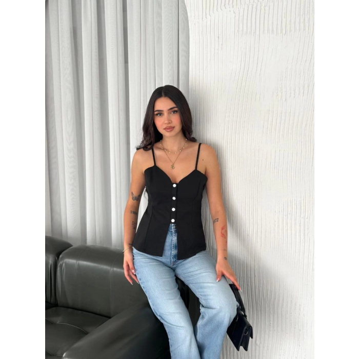 Lucky Life Kadın Dekolte Deraylı Bluz Crop - Siyah