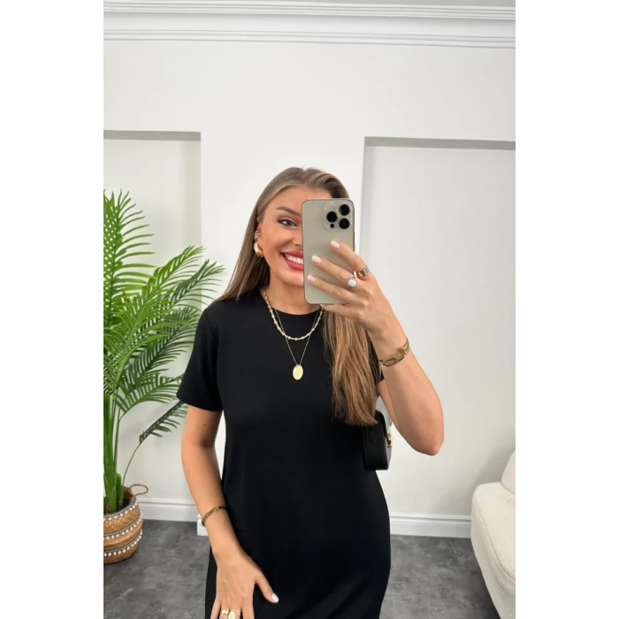 Lucky Life Kadın Kısa Kollu Yırtmaç Detaylı Salaş Viskon Elbise