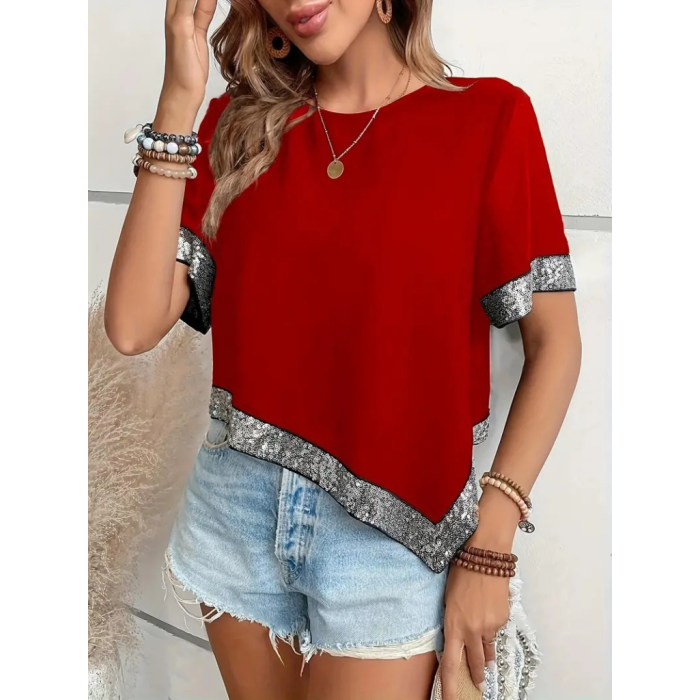 Lucky Life Kadın Kısa Kollu Bisiklet Yaka Asimetrik Kesim Detaylı Pul Payetli Krep Bluz