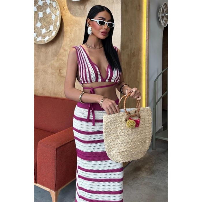 Çizgili Bikini Üst Ve Etek Lucky Life Kadın Triko Takım 