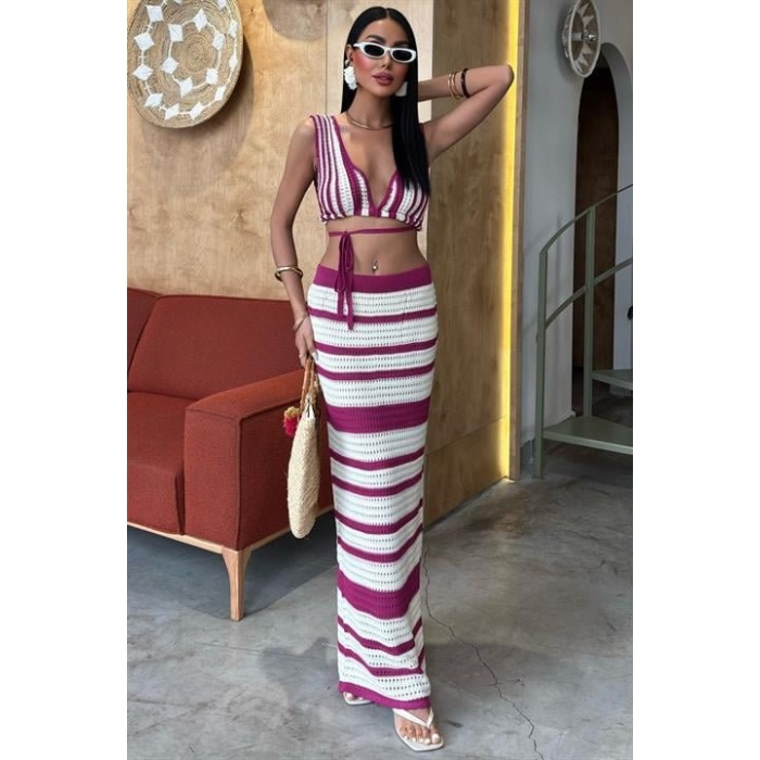 Çizgili Bikini Üst Ve Etek Lucky Life Kadın Triko Takım 