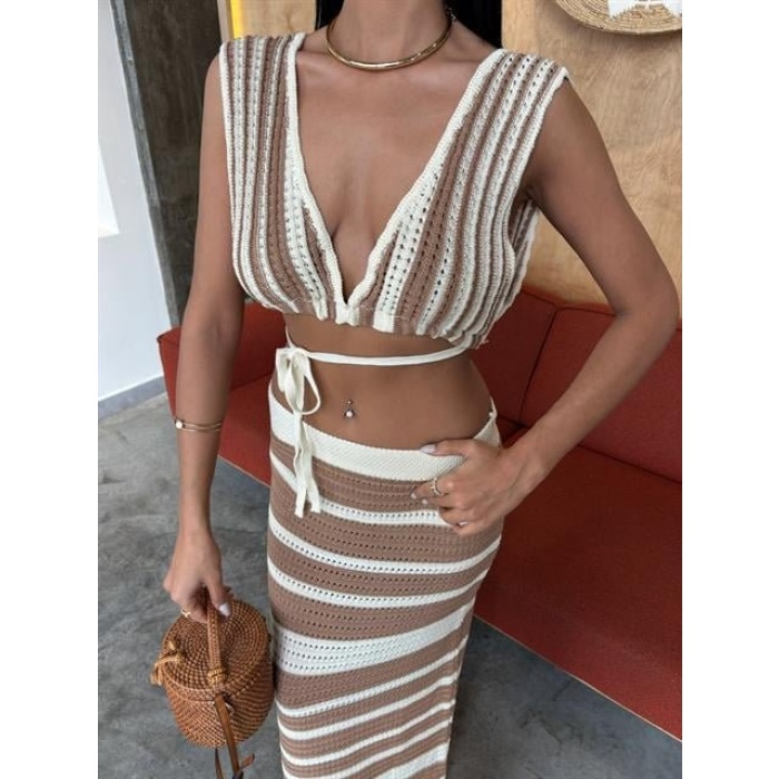 Çizgili Bikini Üst Ve Etek Lucky Life Kadın Triko Takım 