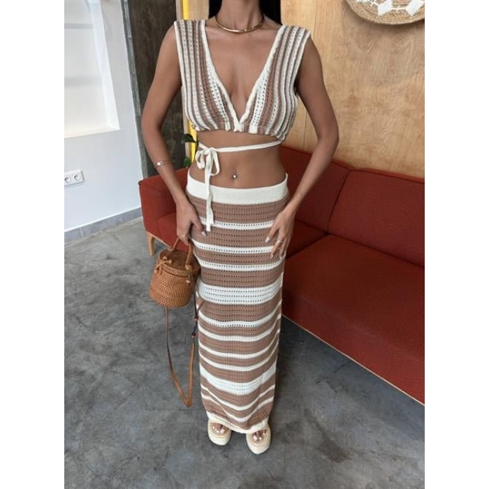 Çizgili Bikini Üst Ve Etek Lucky Life Kadın Triko Takım 