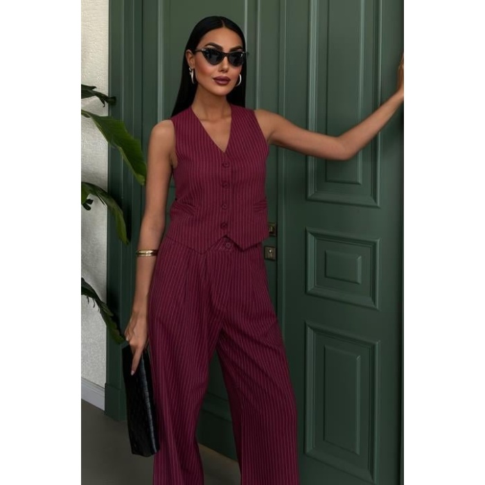 Lucky Life Kadın Yelek Ve Pantolon Çizgili Double Takım 