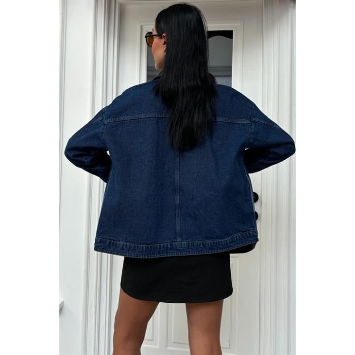 Lucky Life Kadın Yaka Siyah Garni Pul Payet Taşlı Oversize Denim Ceket