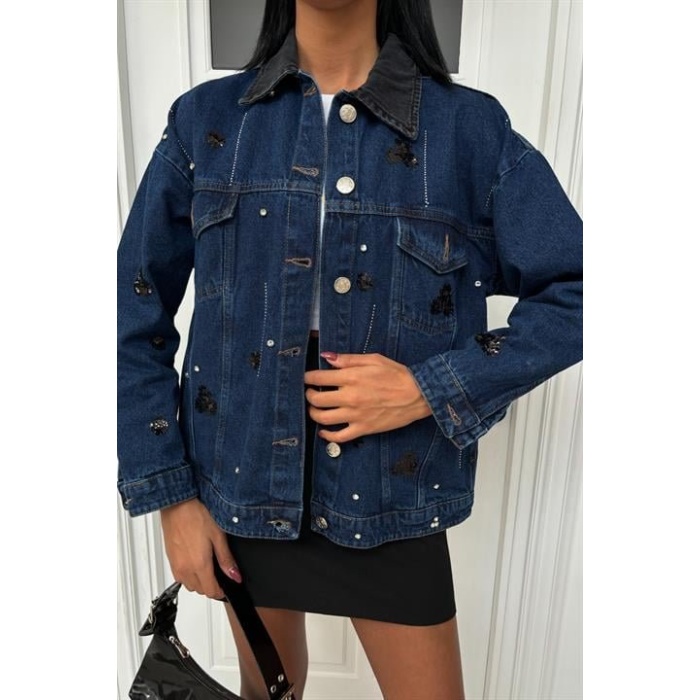 Lucky Life Kadın Yaka Siyah Garni Pul Payet Taşlı Oversize Denim Ceket