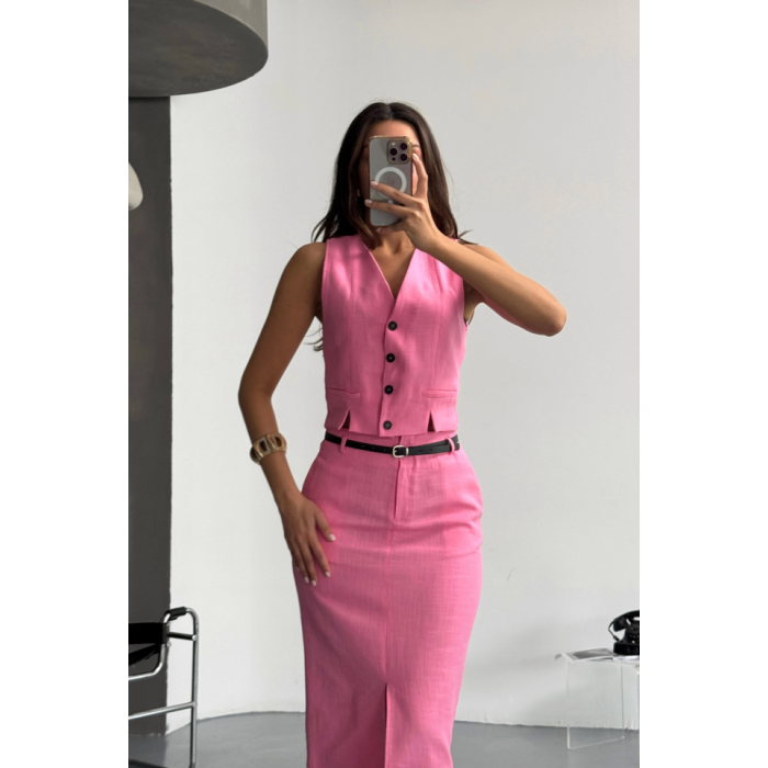 Lucky Life Kadın YELEK-ÖNDEN YIRTMAÇLI ETEK TK ŞANTUK KETEN - Pembe