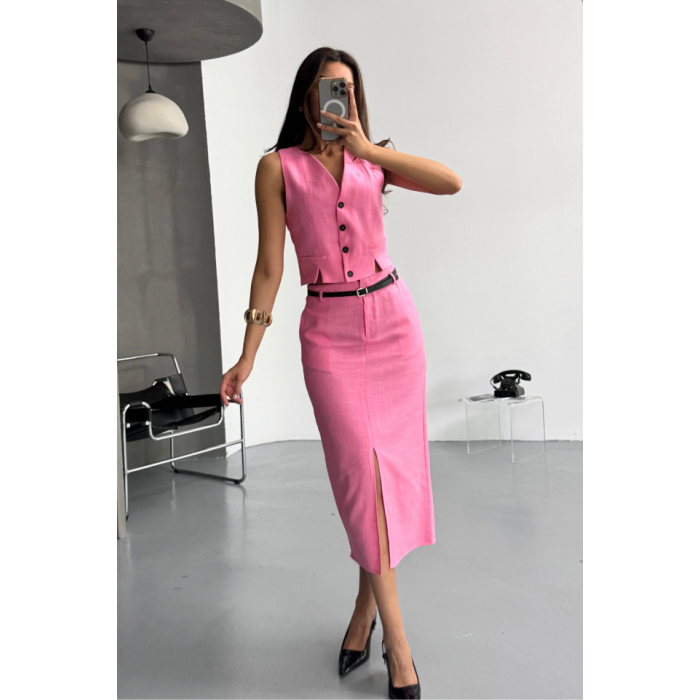 Lucky Life Kadın YELEK-ÖNDEN YIRTMAÇLI ETEK TK ŞANTUK KETEN - Pembe