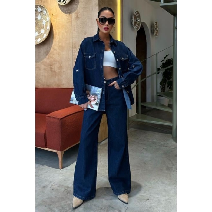 Gömlek Ve Palazzo Pantolon Lucky Life Kadın Klasik Denim Takım 