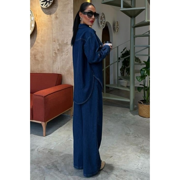 Gömlek Ve Palazzo Pantolon Lucky Life Kadın Klasik Denim Takım 