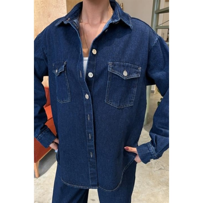 Gömlek Ve Palazzo Pantolon Lucky Life Kadın Klasik Denim Takım 