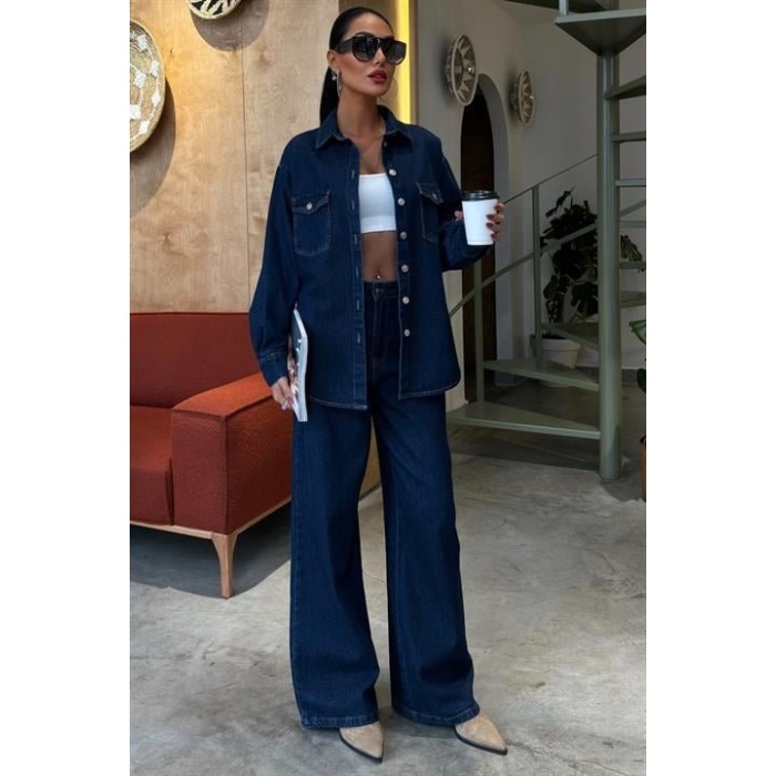 Gömlek Ve Palazzo Pantolon Lucky Life Kadın Klasik Denim Takım 