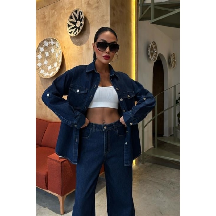 Gömlek Ve Palazzo Pantolon Lucky Life Kadın Klasik Denim Takım 