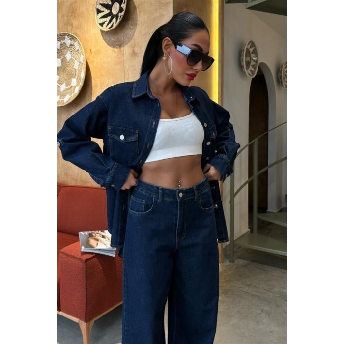 Gömlek Ve Palazzo Pantolon Lucky Life Kadın Klasik Denim Takım 
