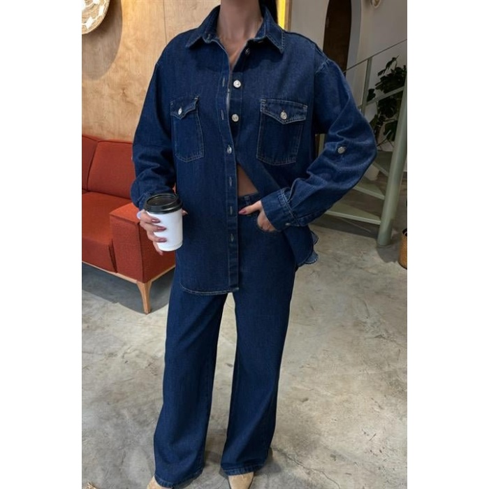 Gömlek Ve Palazzo Pantolon Lucky Life Kadın Klasik Denim Takım 