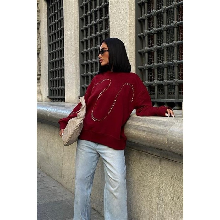 Lucky Life Kadın Gümüş Taşlı Sweatshirt 