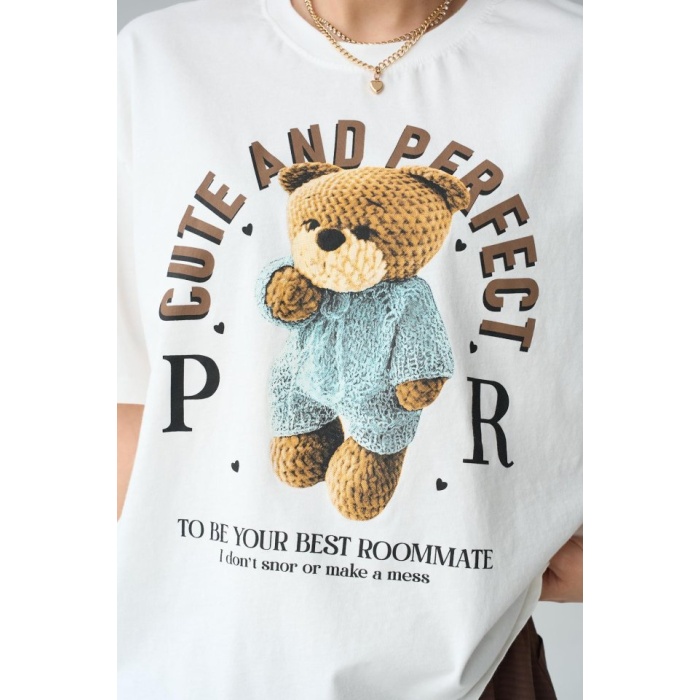 Lucky Life Kadın  Teddy Bear T-Shirt - Krem
