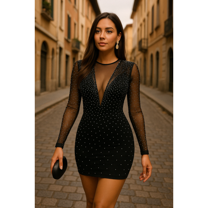 Lucky Life Kadın Uzun Kollu Yuvarlak Yaka Dekolteli Taşlı Dalgıç Elbise