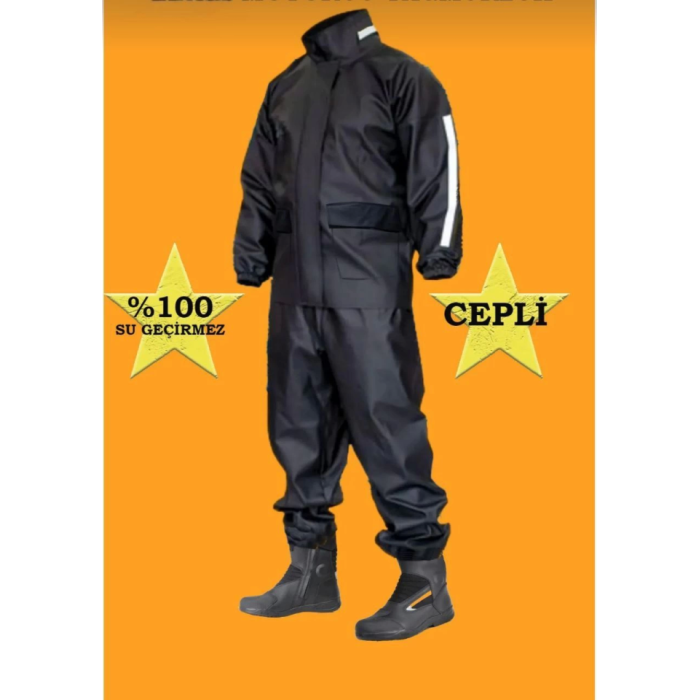 Lucky Life Unisex Tam Kalıp Motorcu Cepli Kurye Su Gecirmez Yağmurluk Takım - Siyah