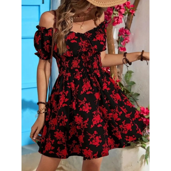 Lucky Life Kadın Kısa Kollu Madonna Yaka Beli Lastikli çiçek Desenli Kısa Süprem Elbise