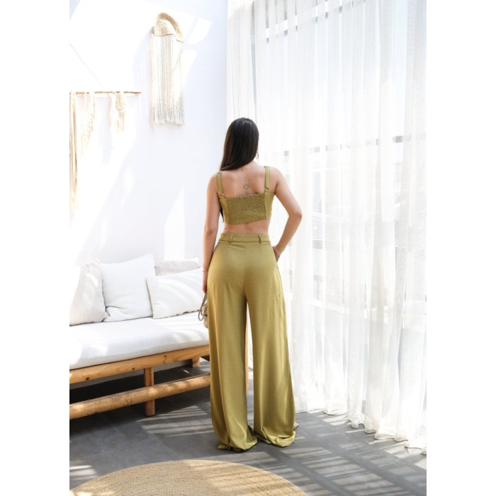 Lucky Life Kadın Keten Gi̇peli̇ Crop Ve Pantolon İki̇li̇ Takim