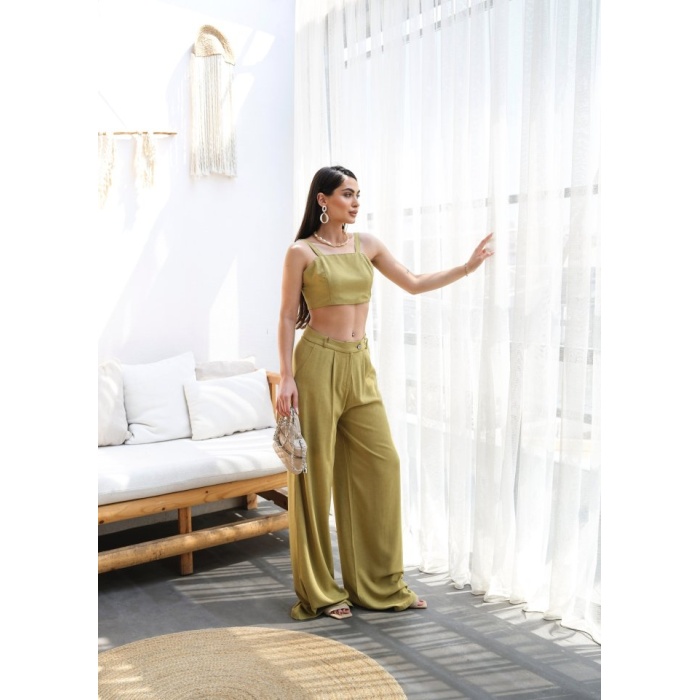 Lucky Life Kadın Keten Gi̇peli̇ Crop Ve Pantolon İki̇li̇ Takim