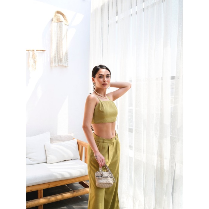 Lucky Life Kadın Keten Gi̇peli̇ Crop Ve Pantolon İki̇li̇ Takim