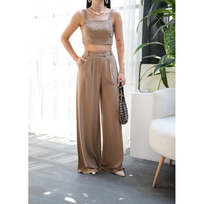 Lucky Life Kadın Keten Gi̇peli̇ Crop Ve Pantolon İki̇li̇ Takim