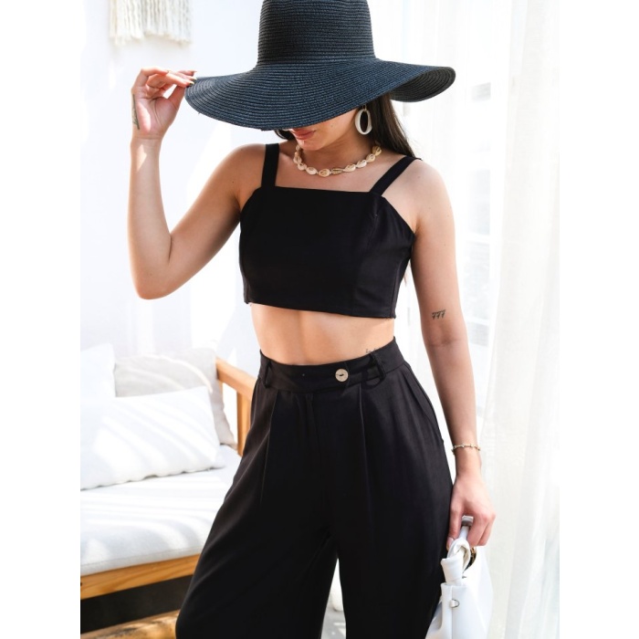Lucky Life Kadın Keten Gi̇peli̇ Crop Ve Pantolon İki̇li̇ Takim