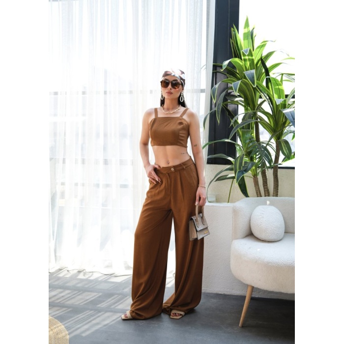 Lucky Life Kadın Keten Gi̇peli̇ Crop Ve Pantolon İki̇li̇ Takim
