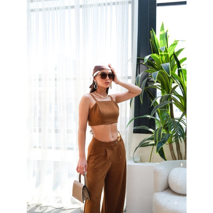 Lucky Life Kadın Keten Gi̇peli̇ Crop Ve Pantolon İki̇li̇ Takim