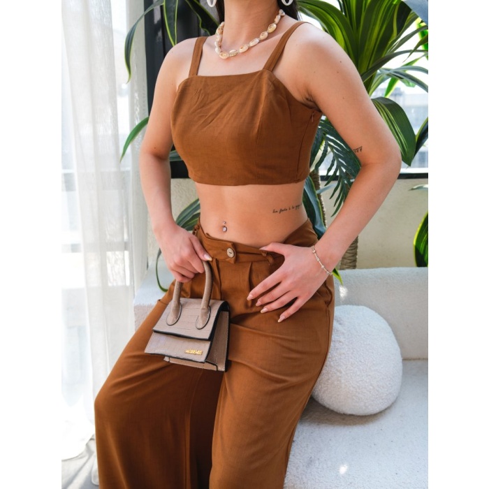 Lucky Life Kadın Keten Gi̇peli̇ Crop Ve Pantolon İki̇li̇ Takim