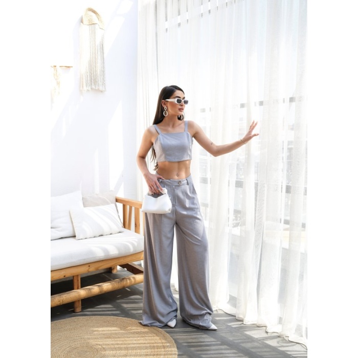 Lucky Life Kadın Keten Gi̇peli̇ Crop Ve Pantolon İki̇li̇ Takim