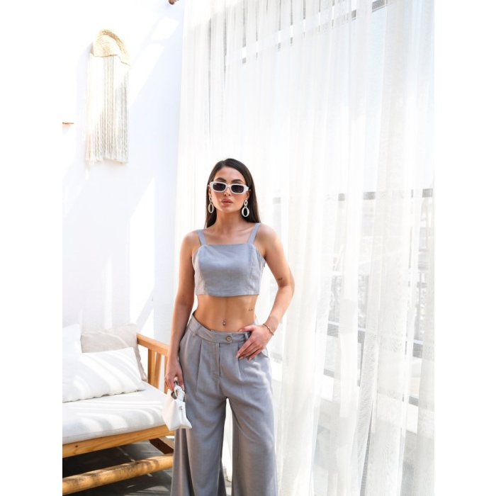 Lucky Life Kadın Keten Gi̇peli̇ Crop Ve Pantolon İki̇li̇ Takim